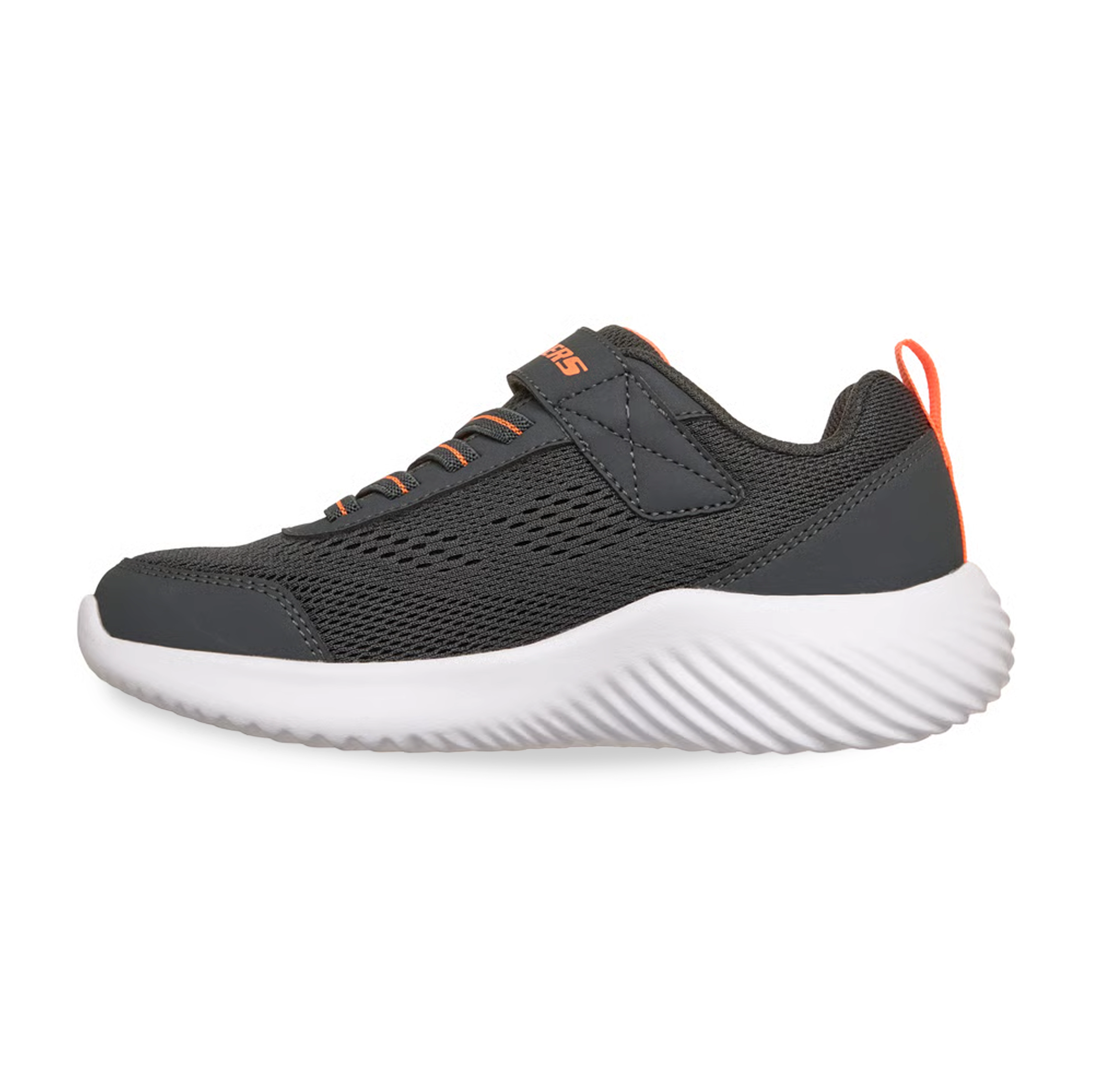 Tênis infantil Skechers Bounder cinza com detalhes em laranja, imagem para seção Vai Servir